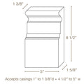 1 5/8 d x 5 w x 8 1/2 h Plynth Block, Poplar Accepts casings: 7/8" -1 3/8" d & 4 1/2" - 4 3/4" w Accepts baseboards: 7" - 8 1/2"h Accessories White River Hardwoods