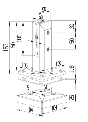 Adjustable square deck mounted glass railing spigot