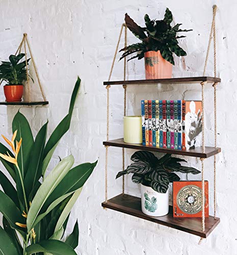 Asliny - Hanging Shelf Wall - Floating Swing Storage Shelves Jute Rope Organizer Rack, 3 Tier Handmade Shelves (Brown)