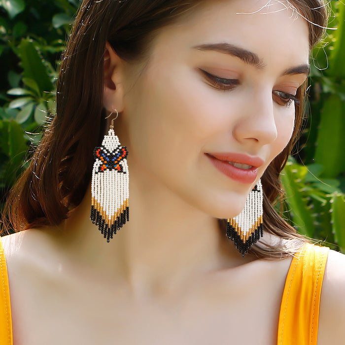Bohemian Holiday Style Rice Bead Knitted Earrings with Tassels Handmade DIY Long Original Design Butterfly Earrings for Women