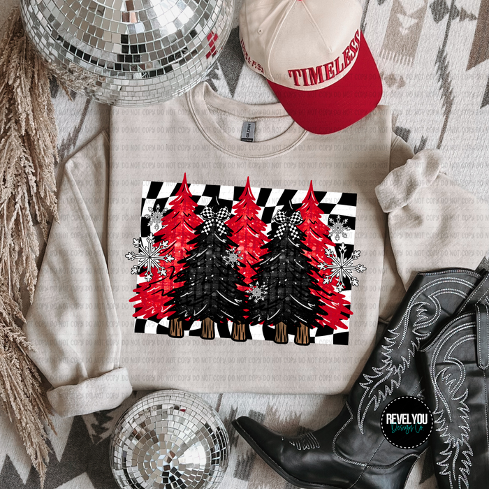 Checkered Christmas Trees Red Black- Sleeve Design Included - PNG