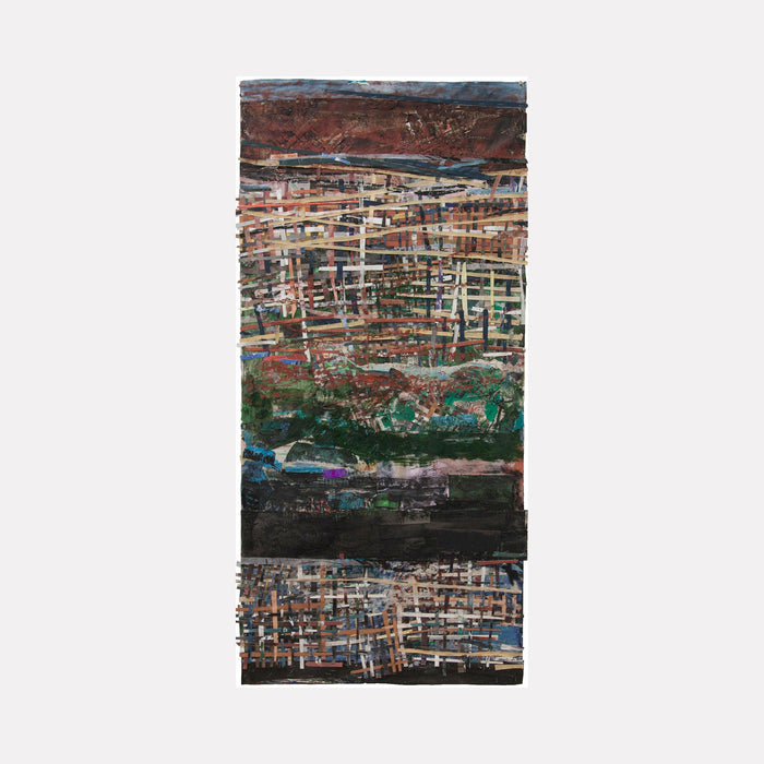 The artwork 'Entangled Verse' by Christopher Blyth features layered abstract patterns in encaustic and mixed media, creating a textured landscape of intersecting lines and grids. Rich earth tones of rust and brown blend with deep greens and blacks, while sporadic touches of blue add depth. The vertical composition showcases complex collage elements and weathered textures.