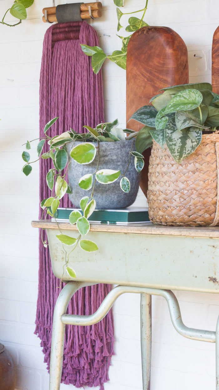 Extra Large Fringe Woven Wall Hanging in Berry Cotton Rope with Recycled Leather Detail