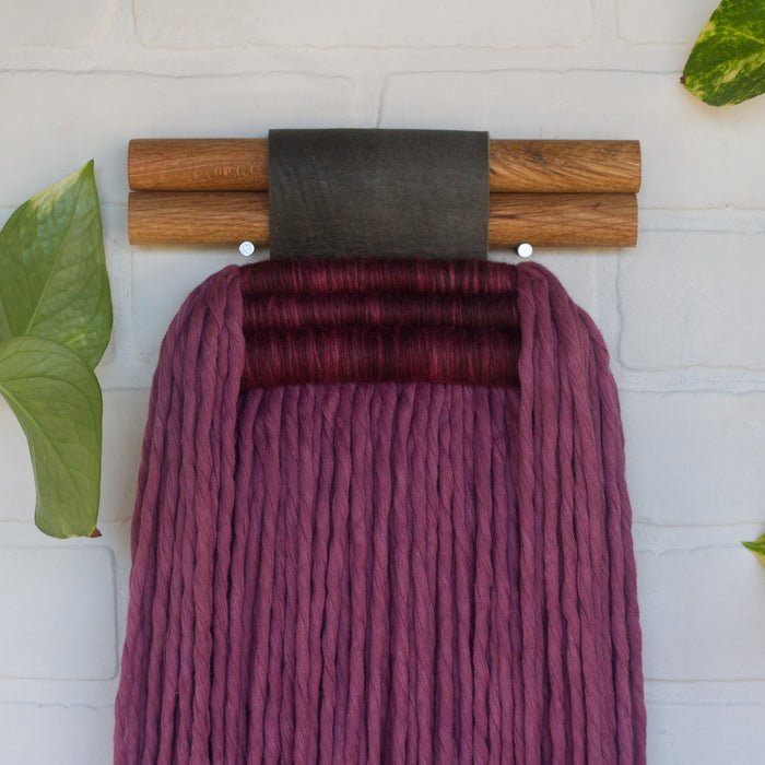 Extra Large Fringe Woven Wall Hanging in Berry Cotton Rope with Recycled Leather Detail