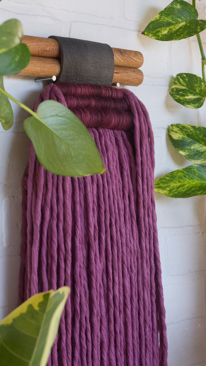 Extra Large Fringe Woven Wall Hanging in Berry Cotton Rope with Recycled Leather Detail