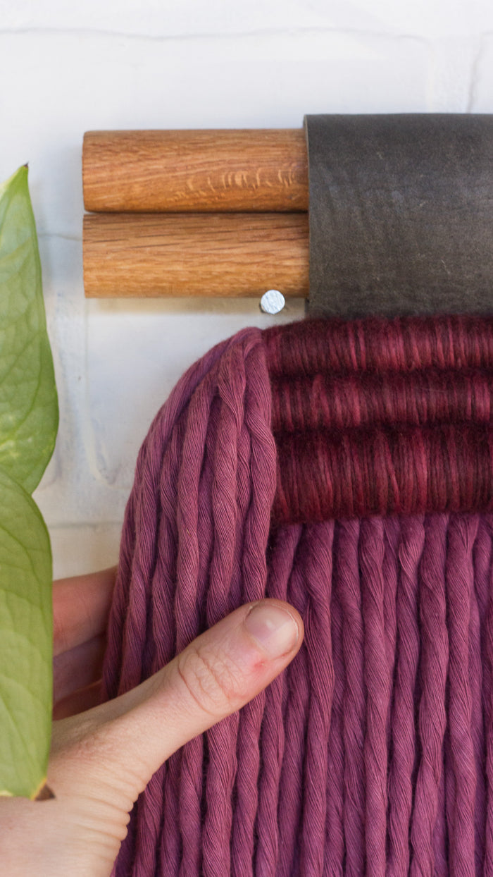 Extra Large Fringe Woven Wall Hanging in Berry Cotton Rope with Recycled Leather Detail
