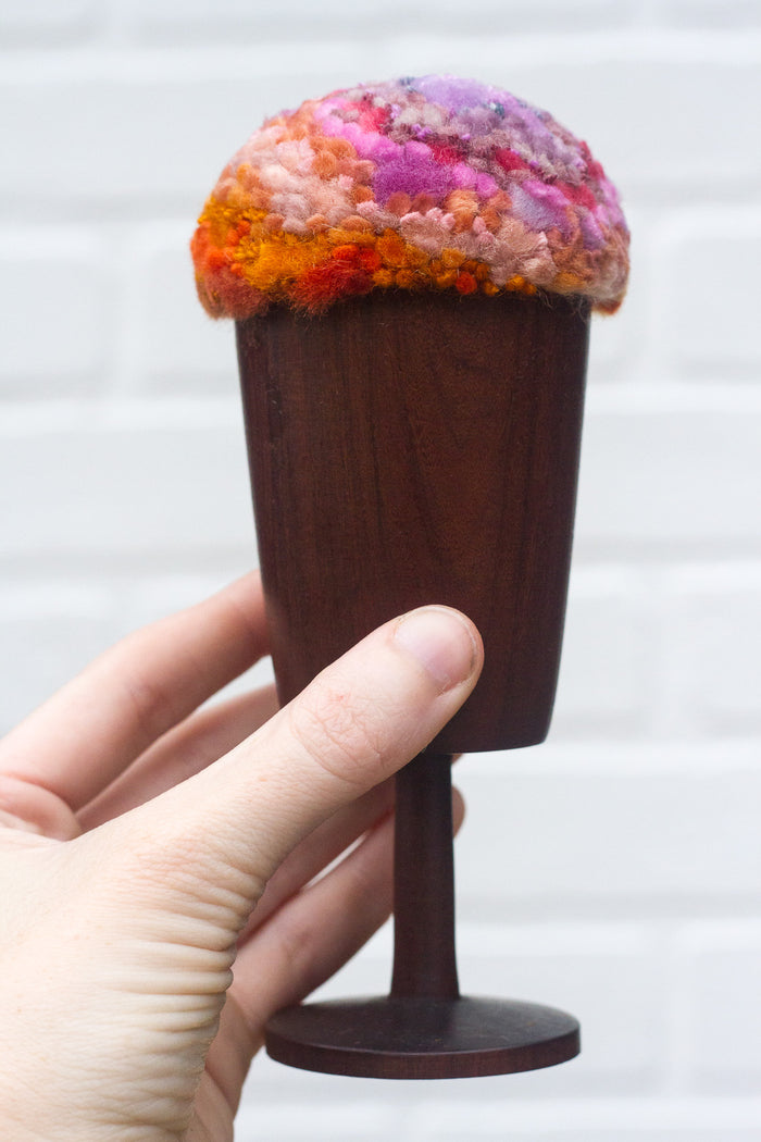 "Float" Puff in Vintage Teak Frame | Purple + Orange