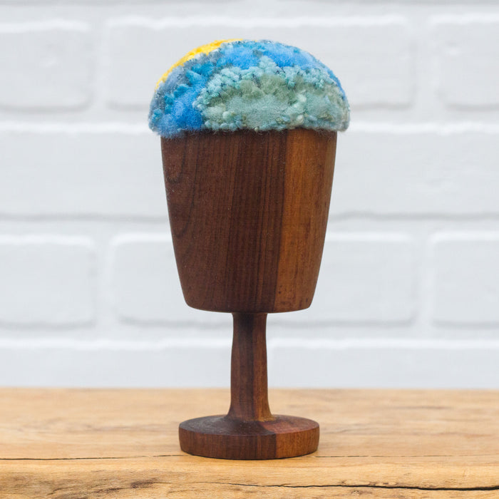 "Float" Puff in Vintage Teak Frame | Yellow, Blue + Mint