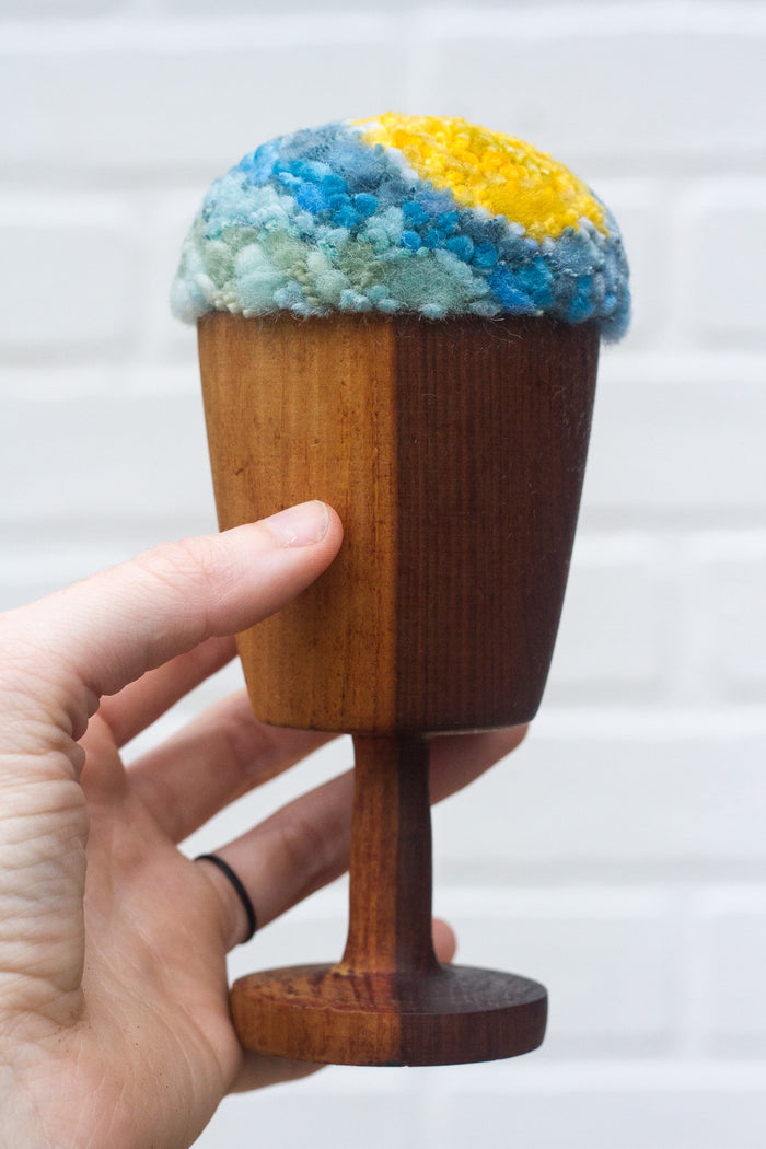 "Float" Puff in Vintage Teak Frame | Yellow, Blue + Mint