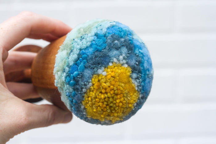 "Float" Puff in Vintage Teak Frame | Yellow, Blue + Mint