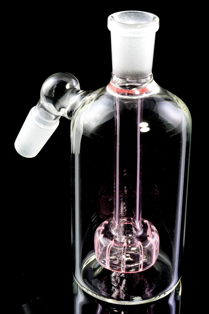 Front view of pink showerhead percolator ash catcher with frosted joints and clear body on black background.