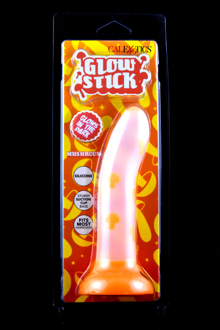 Glow Stick silicone dildo with mushroom motifs in bright packaging, curved shaft and sturdy suction-cup base highlighted.