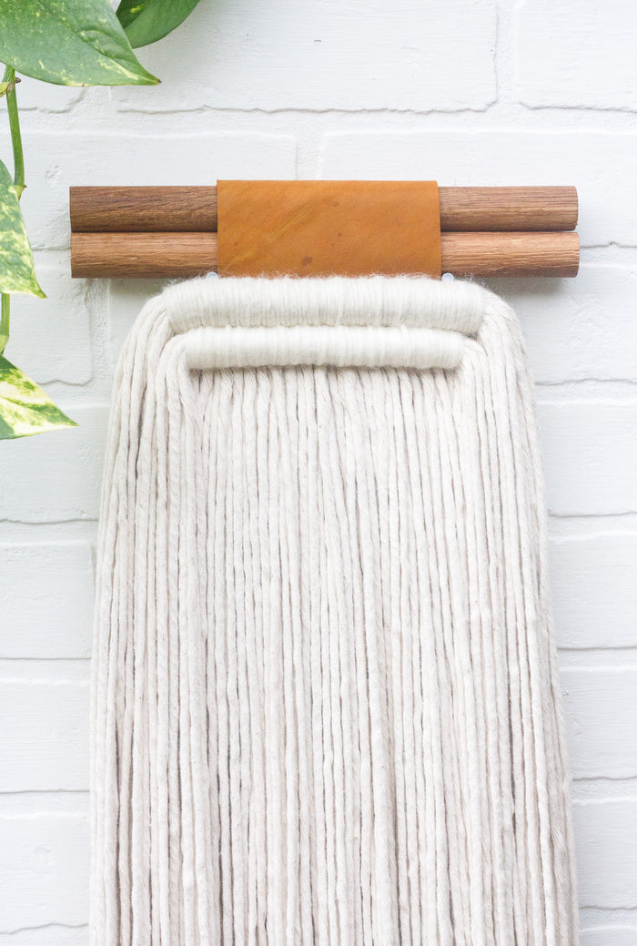 Large, Neutral Fringed Woven Wall Hanging with Double Dowels and Recycled Leather