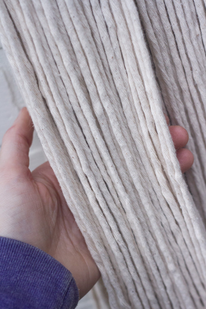 Large, Neutral Fringed Woven Wall Hanging with Double Dowels and Recycled Leather