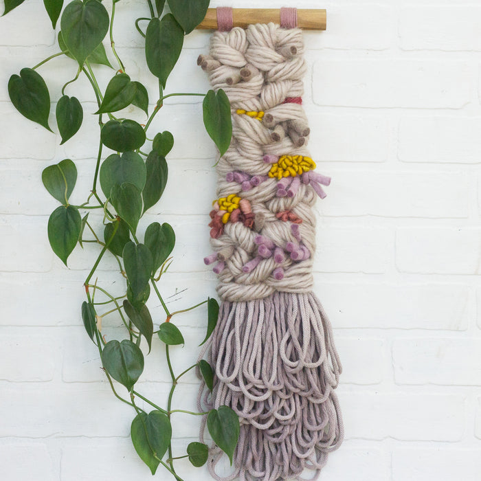 Long + Skinny Textured Weaving | Beige, Mauve + Chartreuse