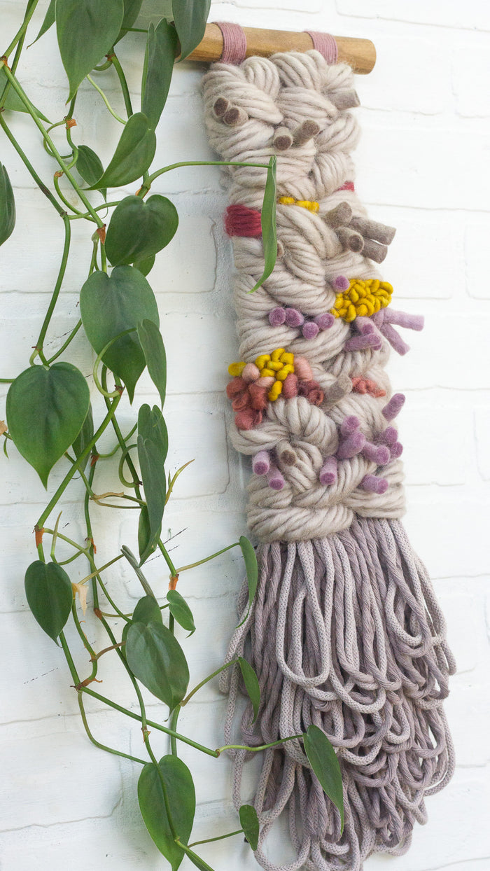 Long + Skinny Textured Weaving | Beige, Mauve + Chartreuse