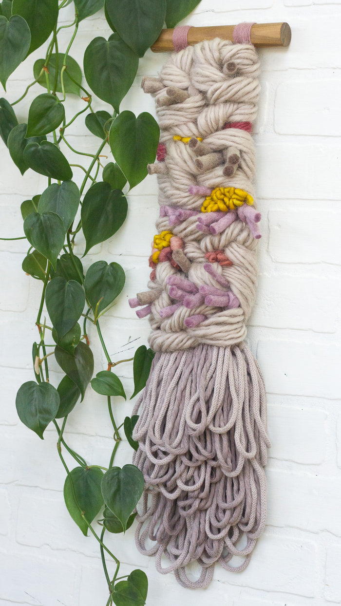 Long + Skinny Textured Weaving | Beige, Mauve + Chartreuse