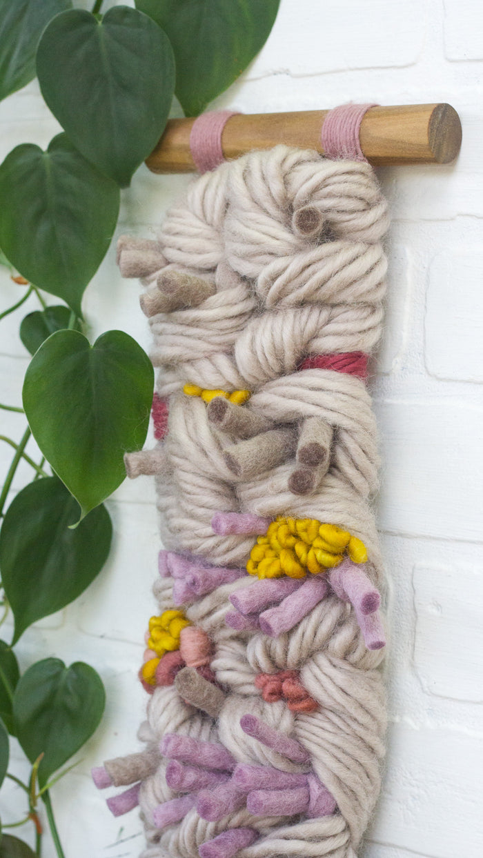 Long + Skinny Textured Weaving | Beige, Mauve + Chartreuse