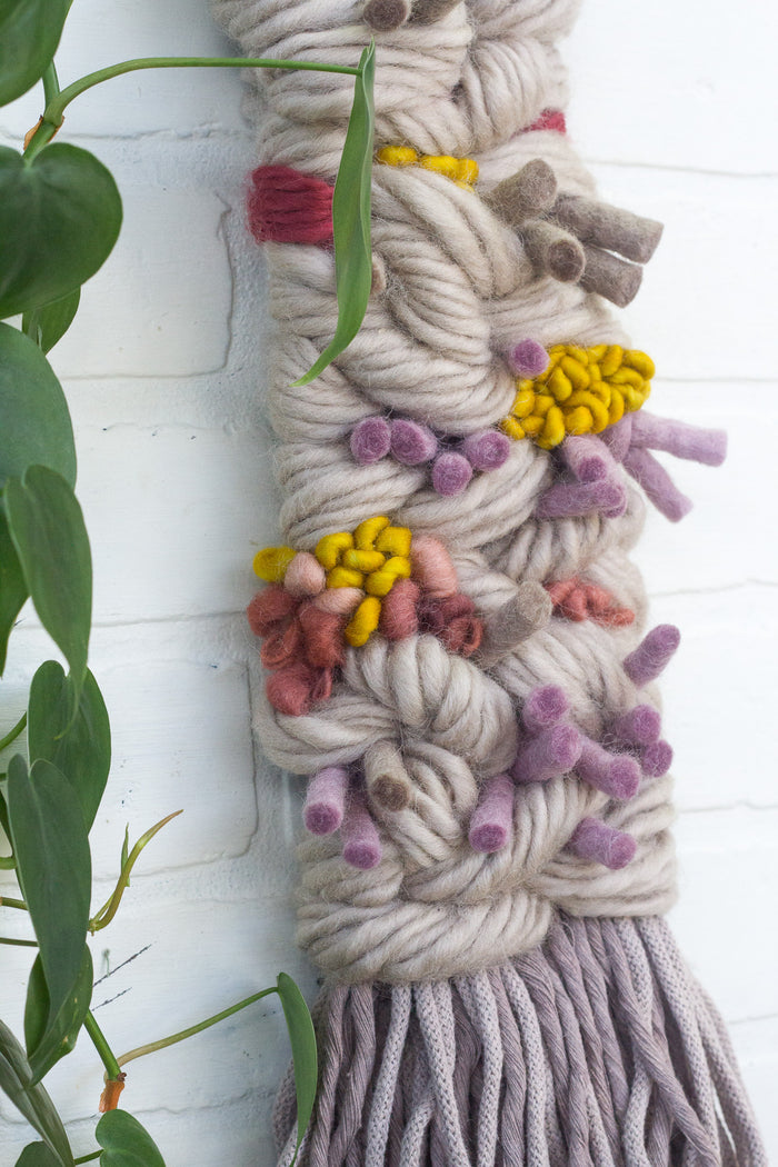 Long + Skinny Textured Weaving | Beige, Mauve + Chartreuse