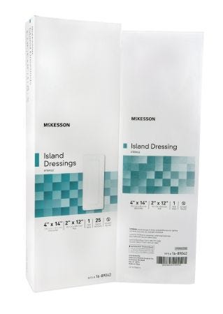 Mckesson Adhesive Island Dressing: 25 Count, White, Rectangle Shape, 2" x 12" (Pad), 4" x 14"