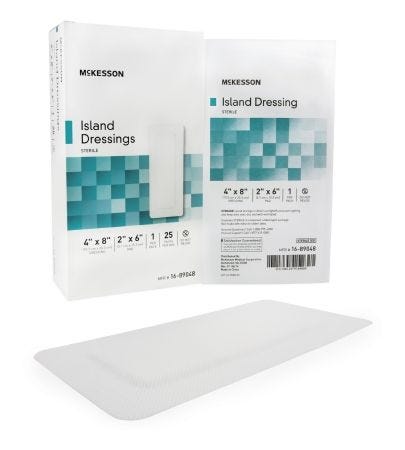 Mckesson Adhesive Island Dressing: 25 Count, White, Rectangle Shape, 2" x 6" (Pad), 4" x 8"