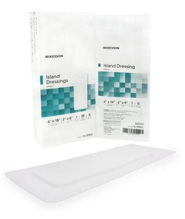Mckesson Adhesive Island Dressing: 25 Count, White, Rectangle Shape, 4" x 10", 2" x 8" (Pad)