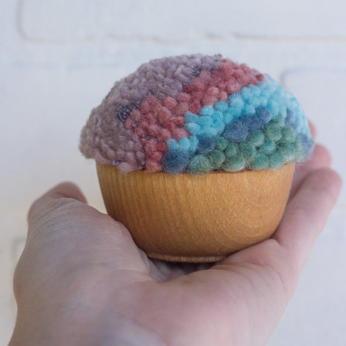 Mini Puff | Fiber Art Sculpture in Wood Frame - Mauve, Pink and Teal