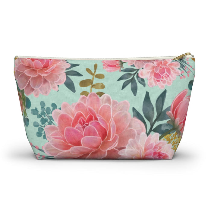 Mint Peony Accessory Pouch w T-bottom, Floral Bag, Flower Make Up Bag Bags