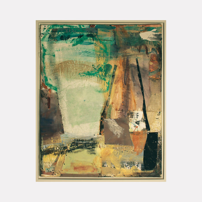 The artwork 'Mystic Nature' by Christopher Blyth features abstract expressionist composition with dynamic emerald green, earthy amber, and muted gold tones. Textural encaustic layers create a dimensional landscape-like pattern, with bold vertical strokes and geometric shapes emerging from the layered mixed media surface, framed in natural wood.