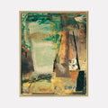 The artwork 'Mystic Nature' by Christopher Blyth features abstract expressionist composition with dynamic emerald green, earthy amber, and muted gold tones. Textural encaustic layers create a dimensional landscape-like pattern, with bold vertical strokes and geometric shapes emerging from the layered mixed media surface, framed in natural wood.