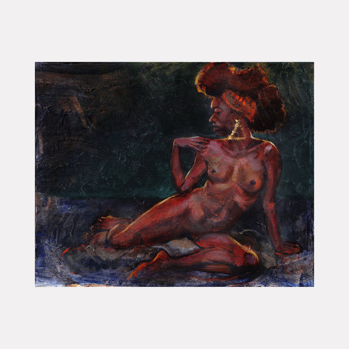 The artwork 'Nude with Golden Earrings' by JaeMe Bereal features a reclining figure against a dark, moody background. Rich terracotta and burgundy tones blend with deep shadows, creating dramatic contrast. The composition showcases expressive brushwork in acrylic on canvas, with textural elements and an elegant pose. Dimensions: 16x20 inches. - JaeMe Bereal
