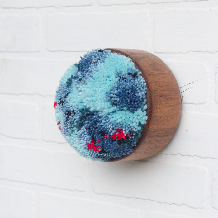 Puff | Aqua, Blues and Red | Fiber Art Sculpture in Vintage Teak Bowl