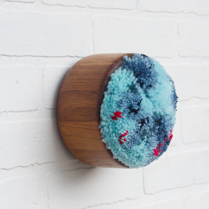 Puff | Aqua, Blues and Red | Fiber Art Sculpture in Vintage Teak Bowl