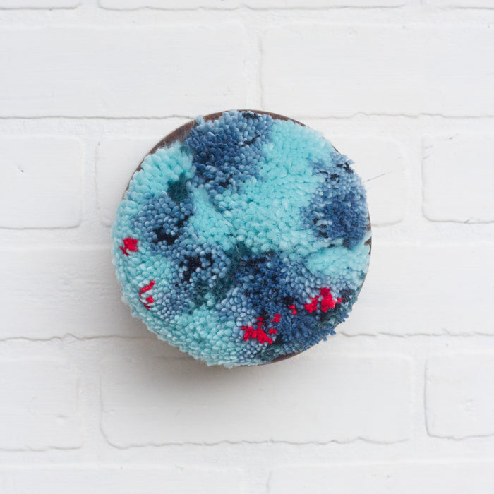 Puff | Aqua, Blues and Red | Fiber Art Sculpture in Vintage Teak Bowl