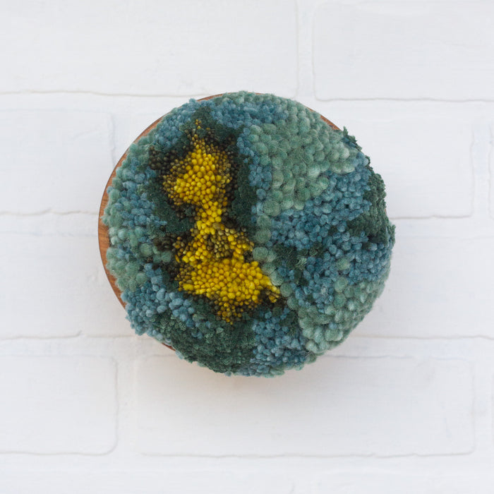 Puff Collection | Dark Aqua, Green and Chartreuse Fiber Art in Vintage Teak Bowl