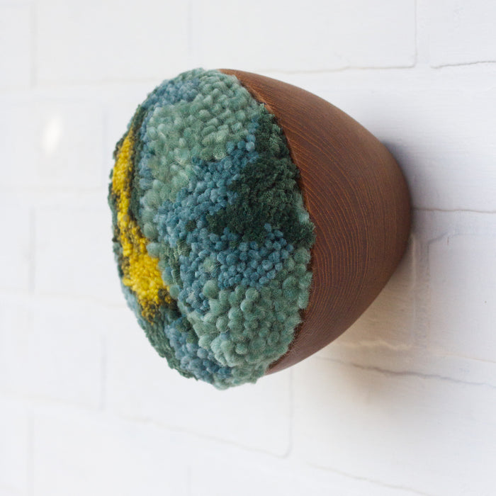 Puff Collection | Dark Aqua, Green and Chartreuse Fiber Art in Vintage Teak Bowl