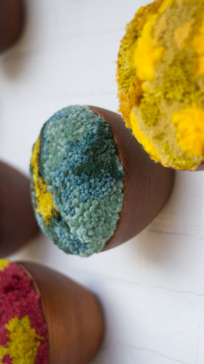 Puff Collection | Dark Aqua, Green and Chartreuse Fiber Art in Vintage Teak Bowl