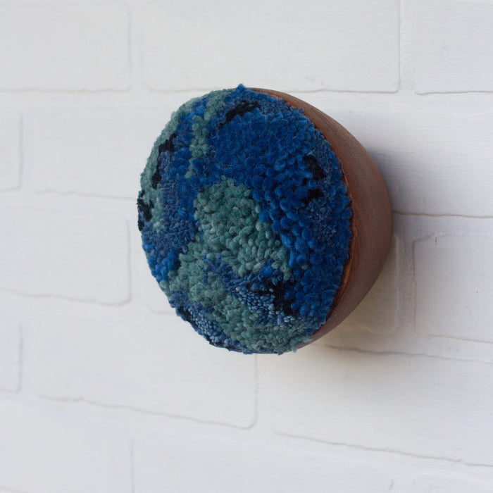 Puff Collection | Fluffy Blue FIber Art in Vintage Teak Bowl