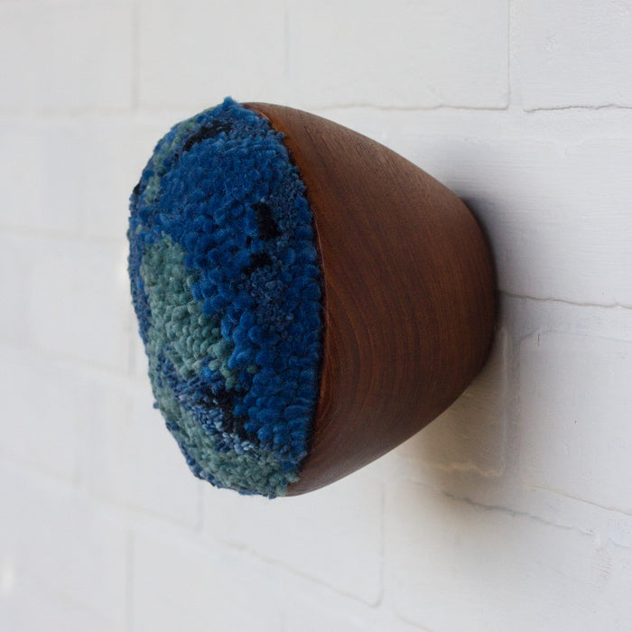 Puff Collection | Fluffy Blue FIber Art in Vintage Teak Bowl