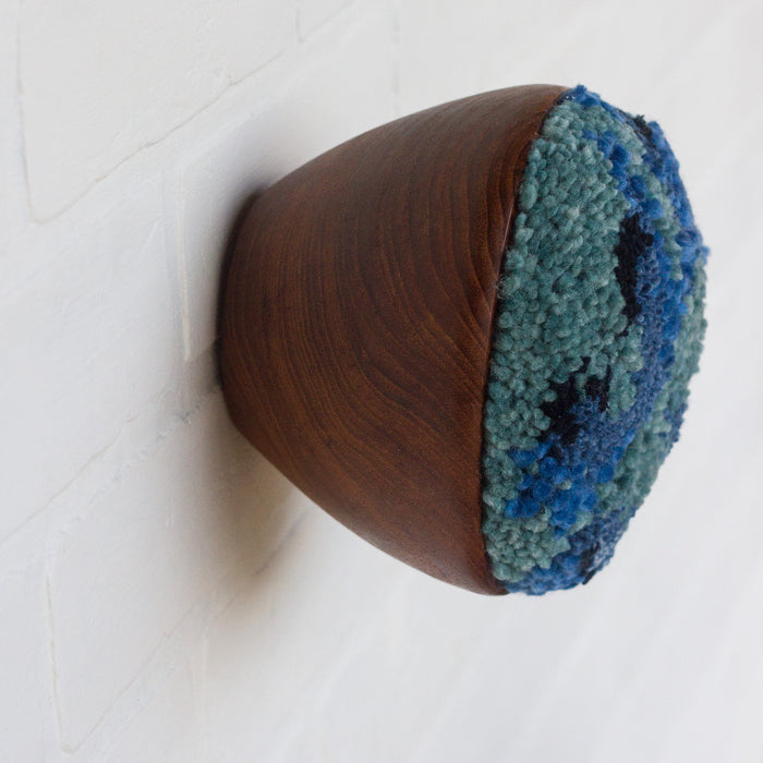 Puff Collection | Fluffy Blue FIber Art in Vintage Teak Bowl