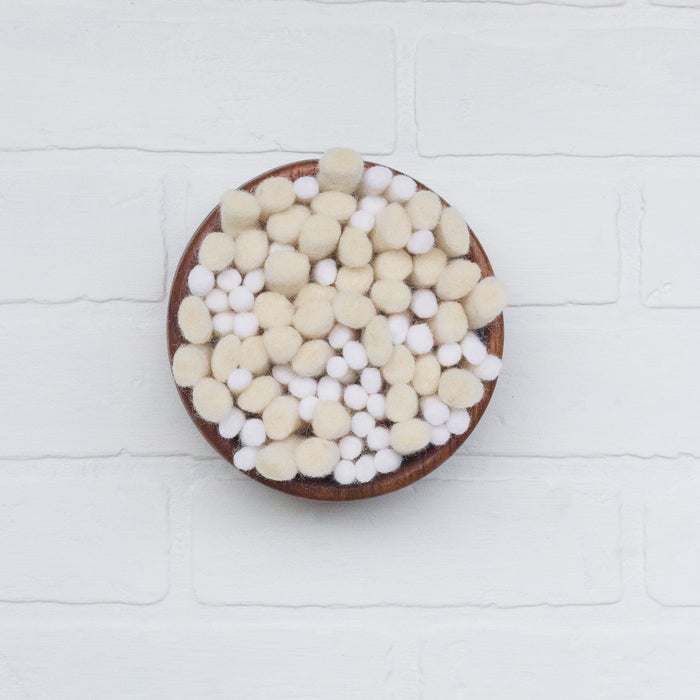 Puff Collection | White Felted Wool Fiber Art in Vintage Teak Bowl (2/2)
