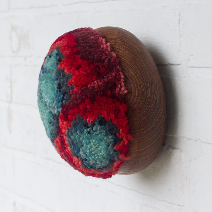 Puff Fiber Sculpture in Teak Frame | Aqua + Red