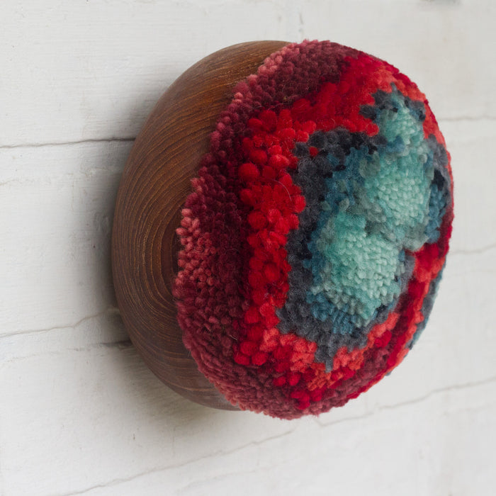 Puff Fiber Sculpture in Teak Frame | Aqua + Red