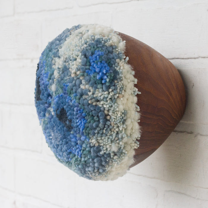 Puff Fiber Sculpture in Teak Frame | Blue + White