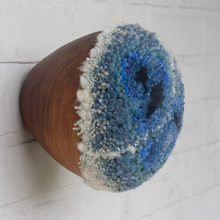 Puff Fiber Sculpture in Teak Frame | Blue + White