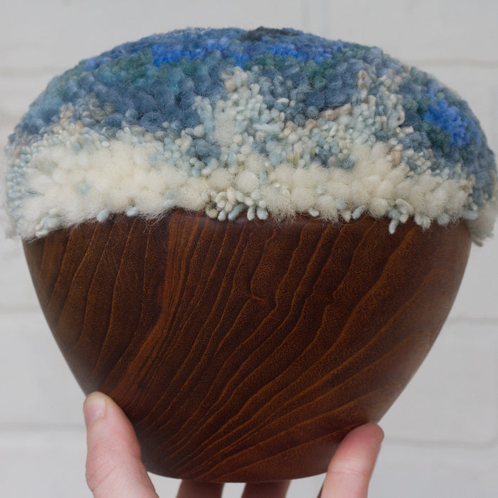 Puff Fiber Sculpture in Teak Frame | Blue + White