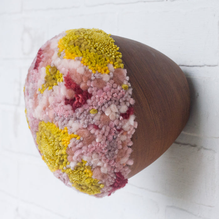 Puff Fiber Sculpture in Teak Frame | Mustard + Pink