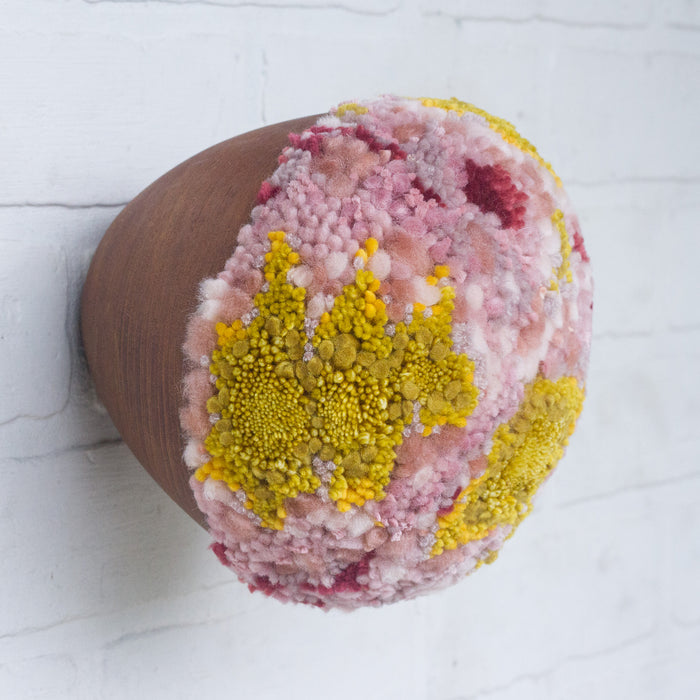 Puff Fiber Sculpture in Teak Frame | Mustard + Pink