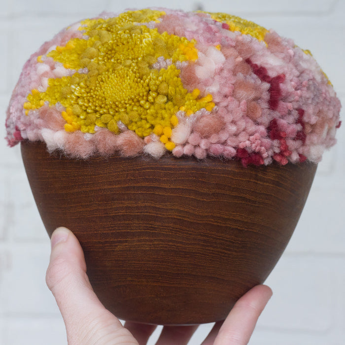Puff Fiber Sculpture in Teak Frame | Mustard + Pink