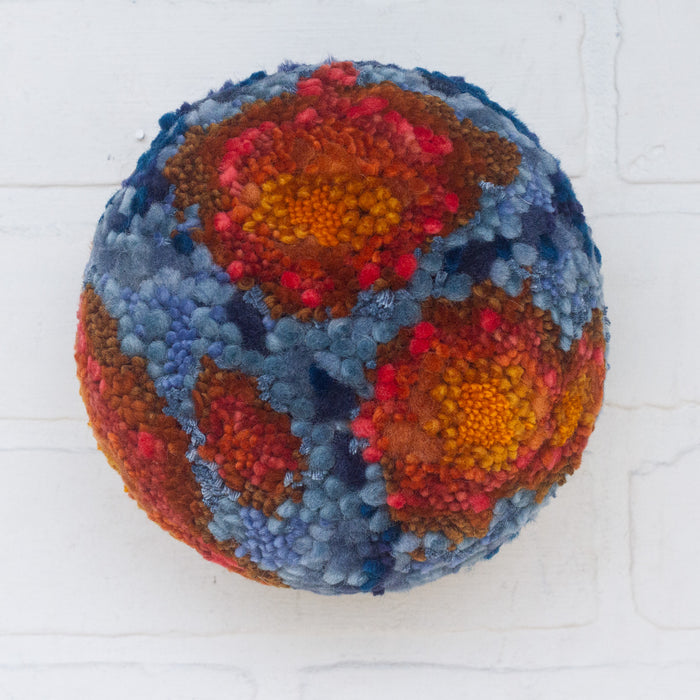 Puff Fiber Sculpture in Teak Frame | Orange + Blue